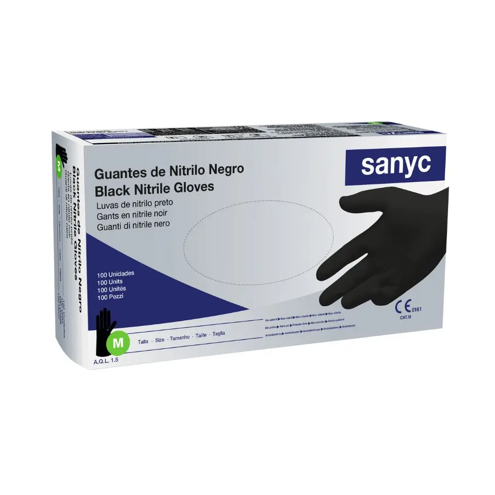 Guantes de Nitrilo Sanyc color Negro Talla M. 100 unidades.