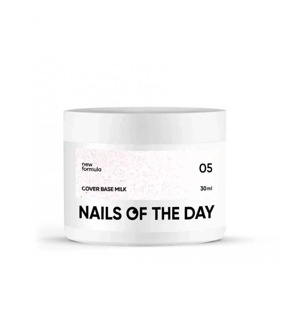 Nailsoftheday Cover Base NEW Formula Milk 05 — milky, semi-transparent camouflage base coat with pink shimmer that enhances the shade and adds warmth, 30 ml 