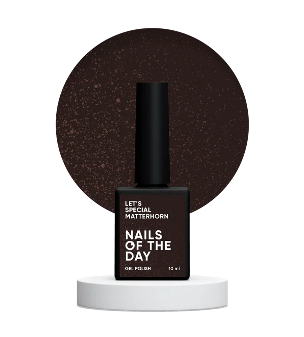 NAILSOFTHEDAY Let’s Special Matterhorn — chocolate brown gel polish with gold foil, providing full coverage in a single layer, 10 ml. 