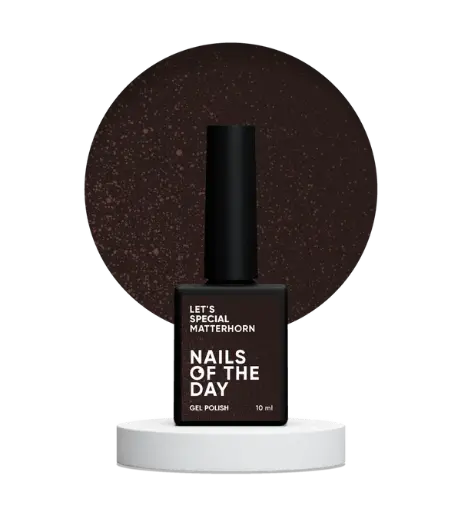 NAILSOFTHEDAY Let’s Special Matterhorn — chocolate brown gel polish with gold foil, providing full coverage in a single layer, 10 ml. 