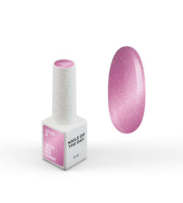 NAILSOFTHEDAY Gel Polish Cat Eye 02 — pink cat-eye gel polish with fine metallic flakes and a subtle light-reflective effect. Full coverage in one layer. 6 ml.
