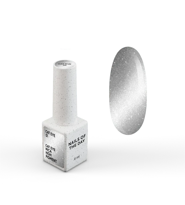NAILSOFTHEDAY Gel Polish Cat Eye 01 — silver cat-eye gel polish with fine metallic flakes and a subtle light-reflective effect. Full coverage in one layer. 6 ml. 