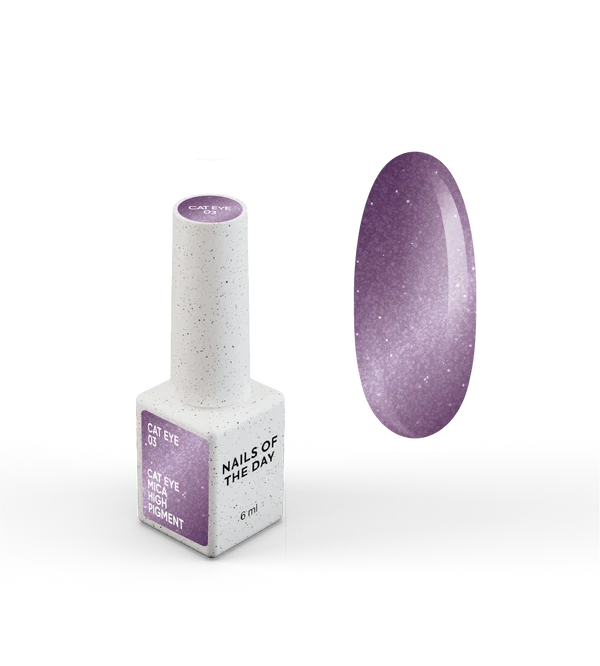 NAILSOFTHEDAY Gel Polish Cat Eye 03 — lilac cat-eye gel polish with fine metallic flakes and a subtle light-reflective effect. Full coverage in one layer. 6 ml. 