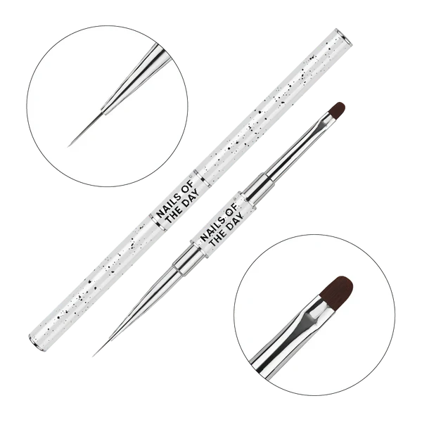 NAILSOFTHEDAY Professional Brush 2-in-1: Liner + Oval — a double-sided professional metal nail brush with caps, designed for both fine detailing and gel sculpting. Liner 11 mm + flat oval 11 mm.