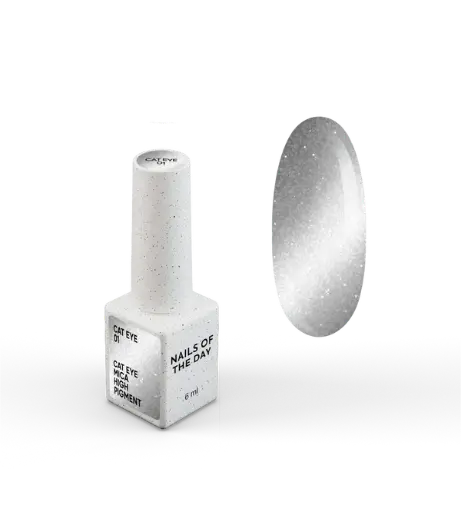 [4821011100000] NAILSOFTHEDAY Gel Polish Cat Eye 01 — silver cat-eye gel polish with fine metallic flakes and a subtle light-reflective effect. Full coverage in one layer. 6 ml. 
